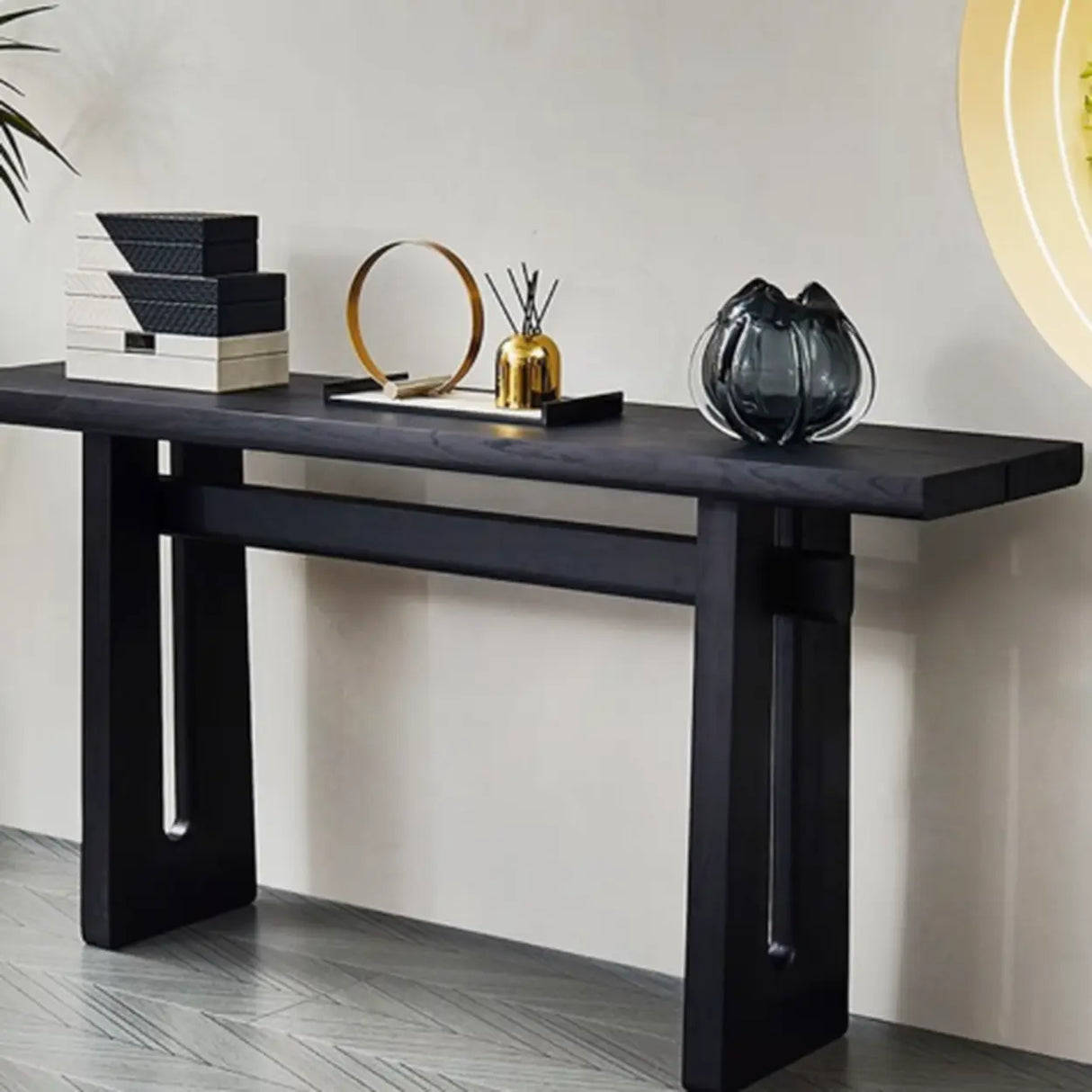 Simple Trestle Timber Black Rectangular Top Console Table Image - 3