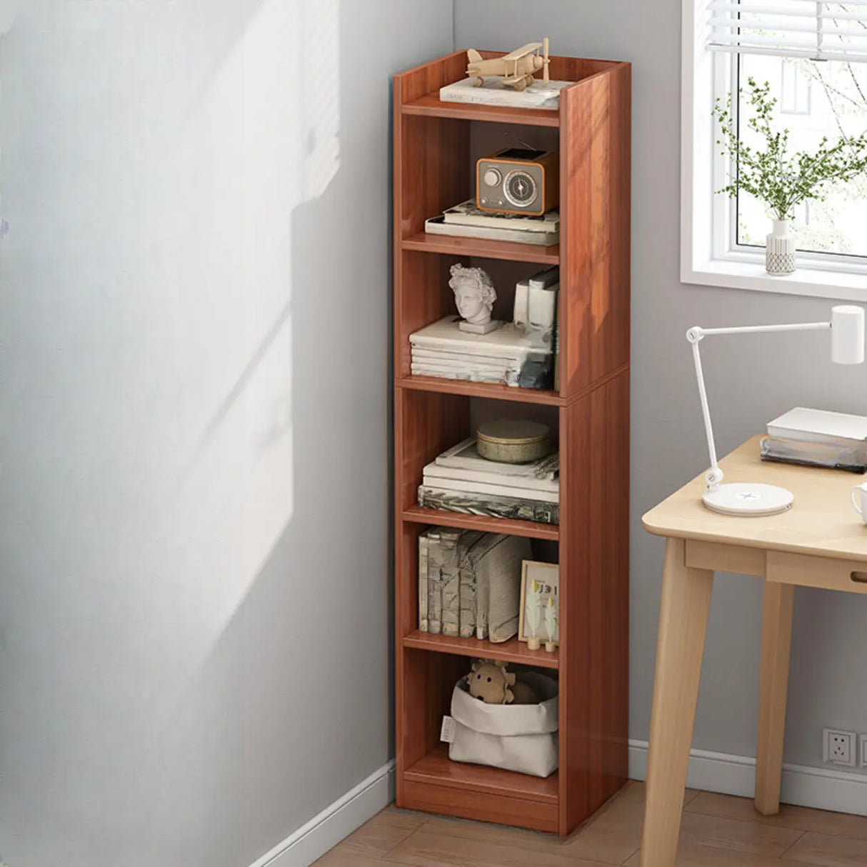 Cherry Simple Vertical Engineered Wood Narrow Bookcase Image - 9