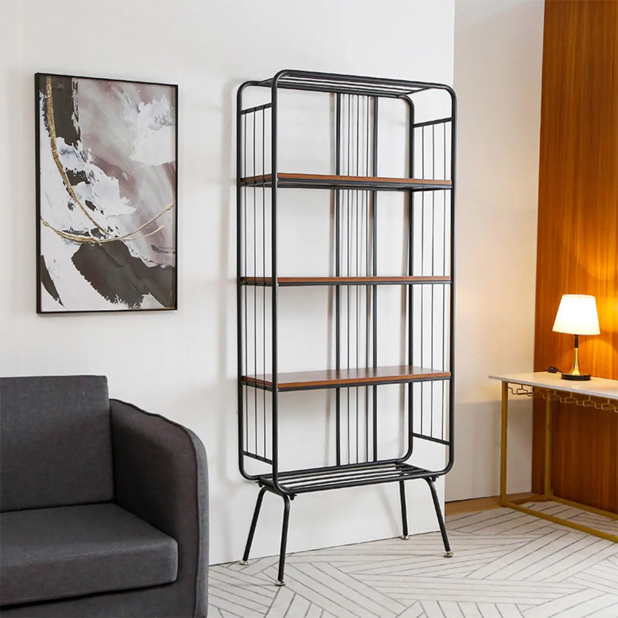 Simple Vertical Metal Frame 4-Shelf Organizer Bookshelf Image - 3