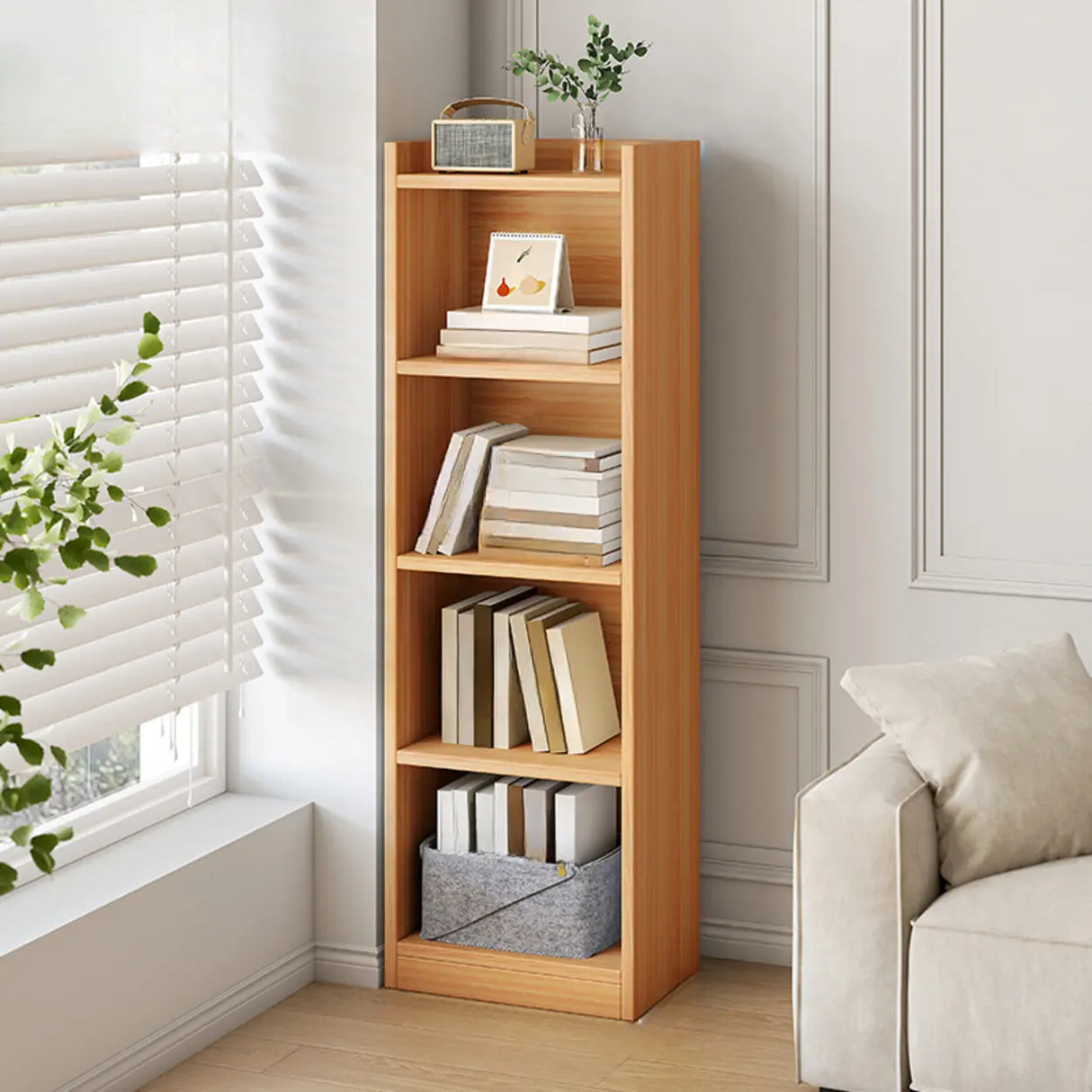 Simple Vertical Tall White Wooden Organizer Bookcase Image - 11