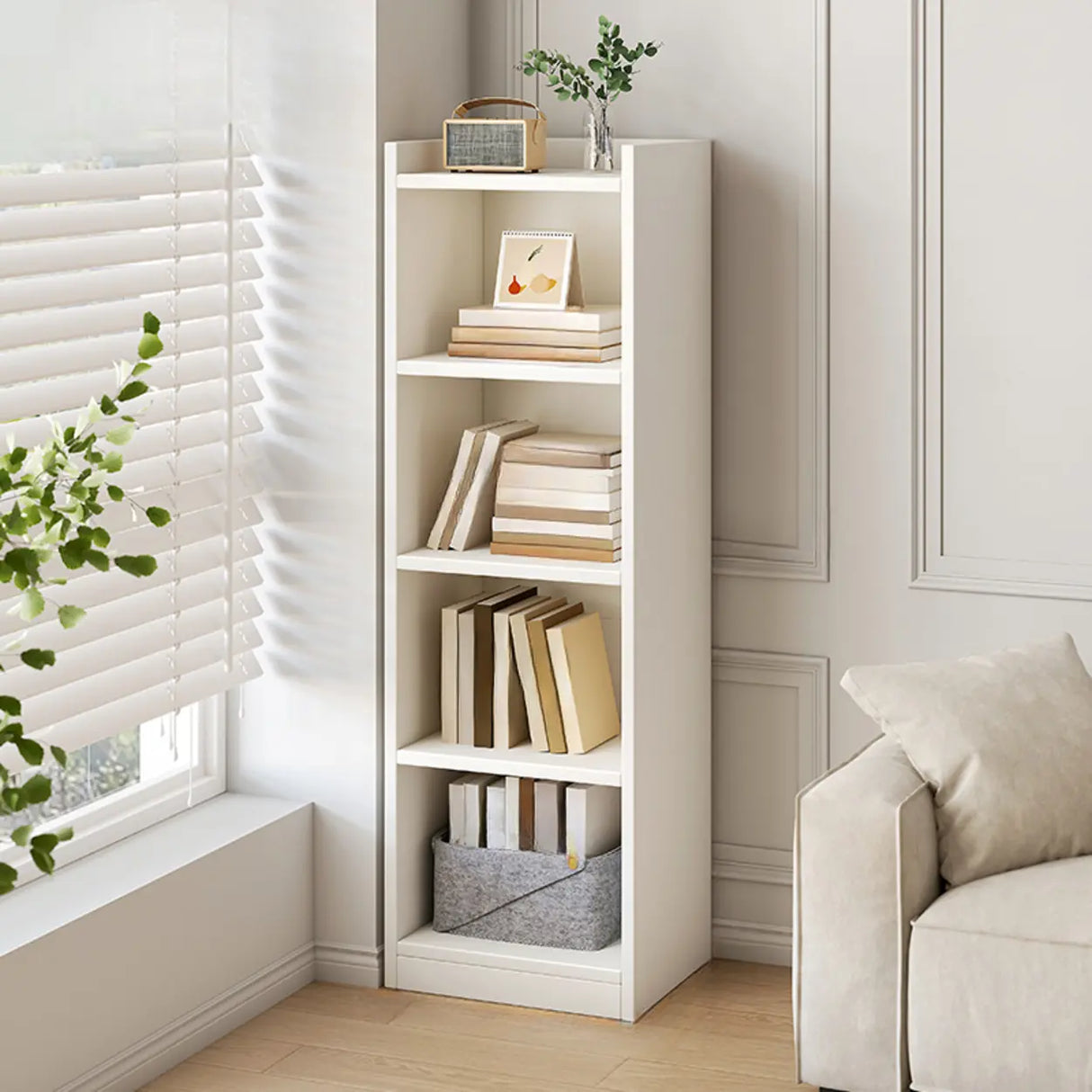 Simple Vertical Tall White Wooden Organizer Bookcase Image - 13