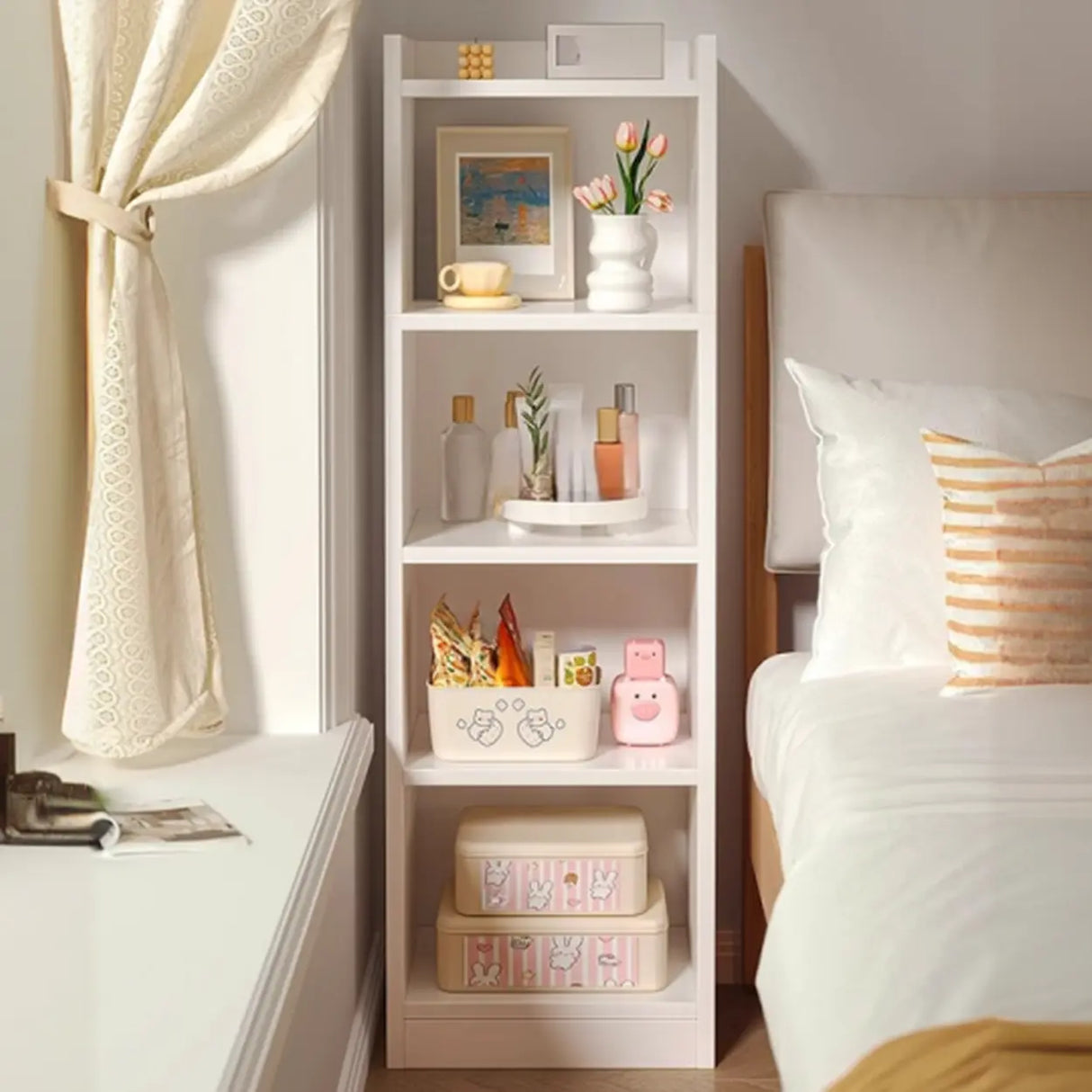 Simple Vertical Tall White Wooden Organizer Bookcase Image - 1