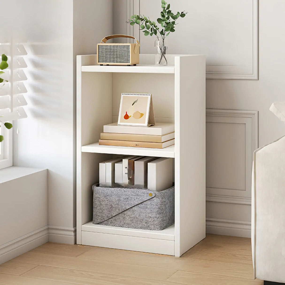 Simple Vertical Tall White Wooden Organizer Bookcase Image - 2