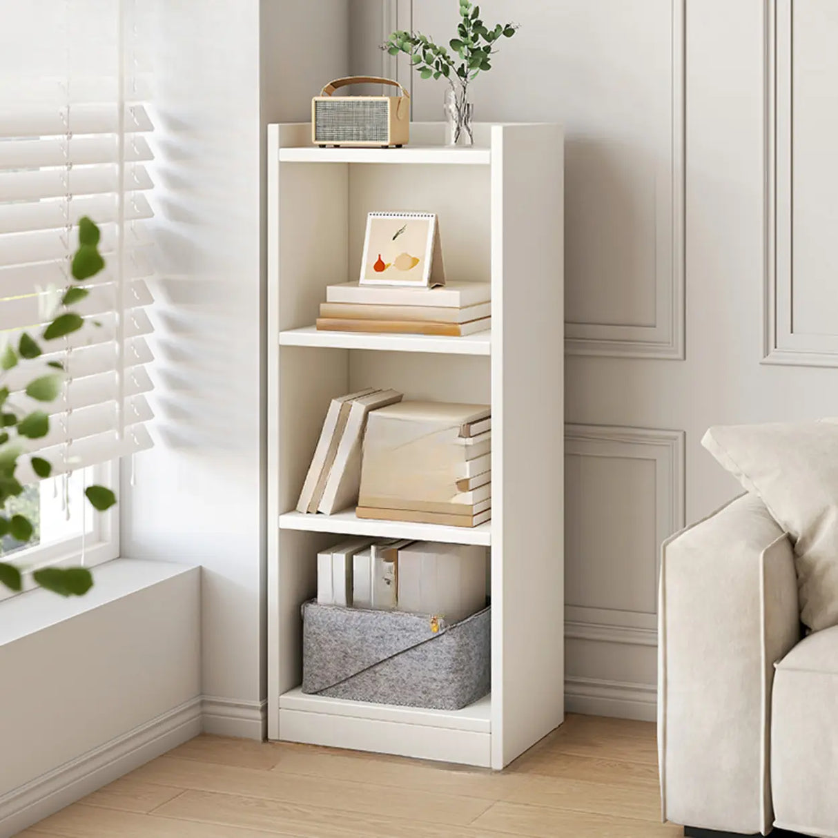 Simple Vertical Tall White Wooden Organizer Bookcase Image - 3