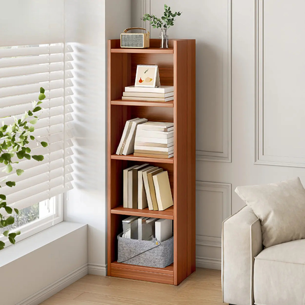 Simple Vertical Tall White Wooden Organizer Bookcase Image - 7