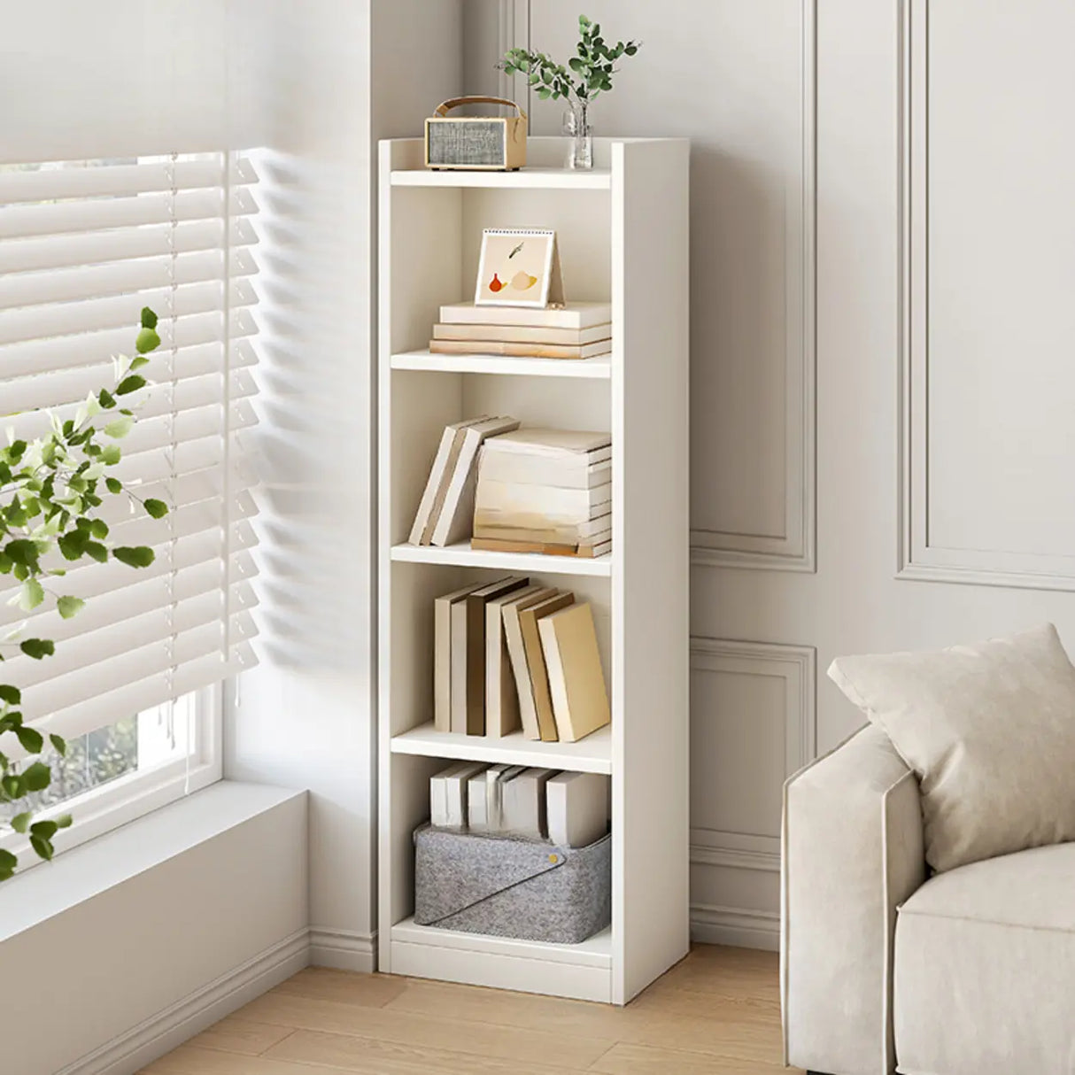 Simple Vertical Tall White Wooden Organizer Bookcase Image - 9