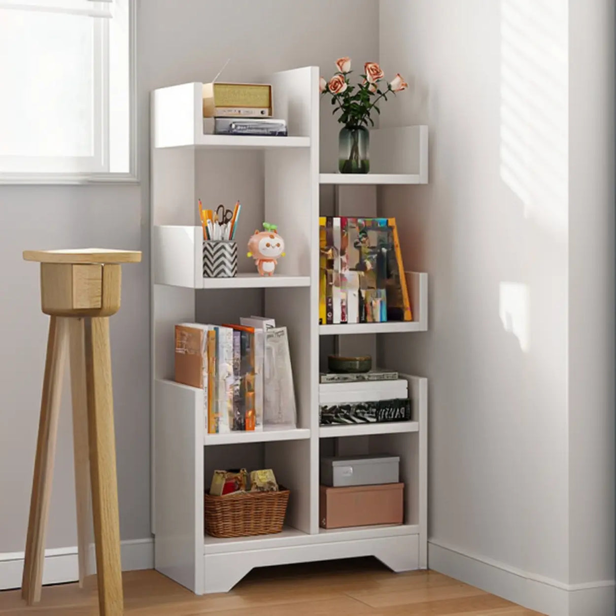 Simple Vertical Wooden Tiered Narrow Bookshelf White Image - 10