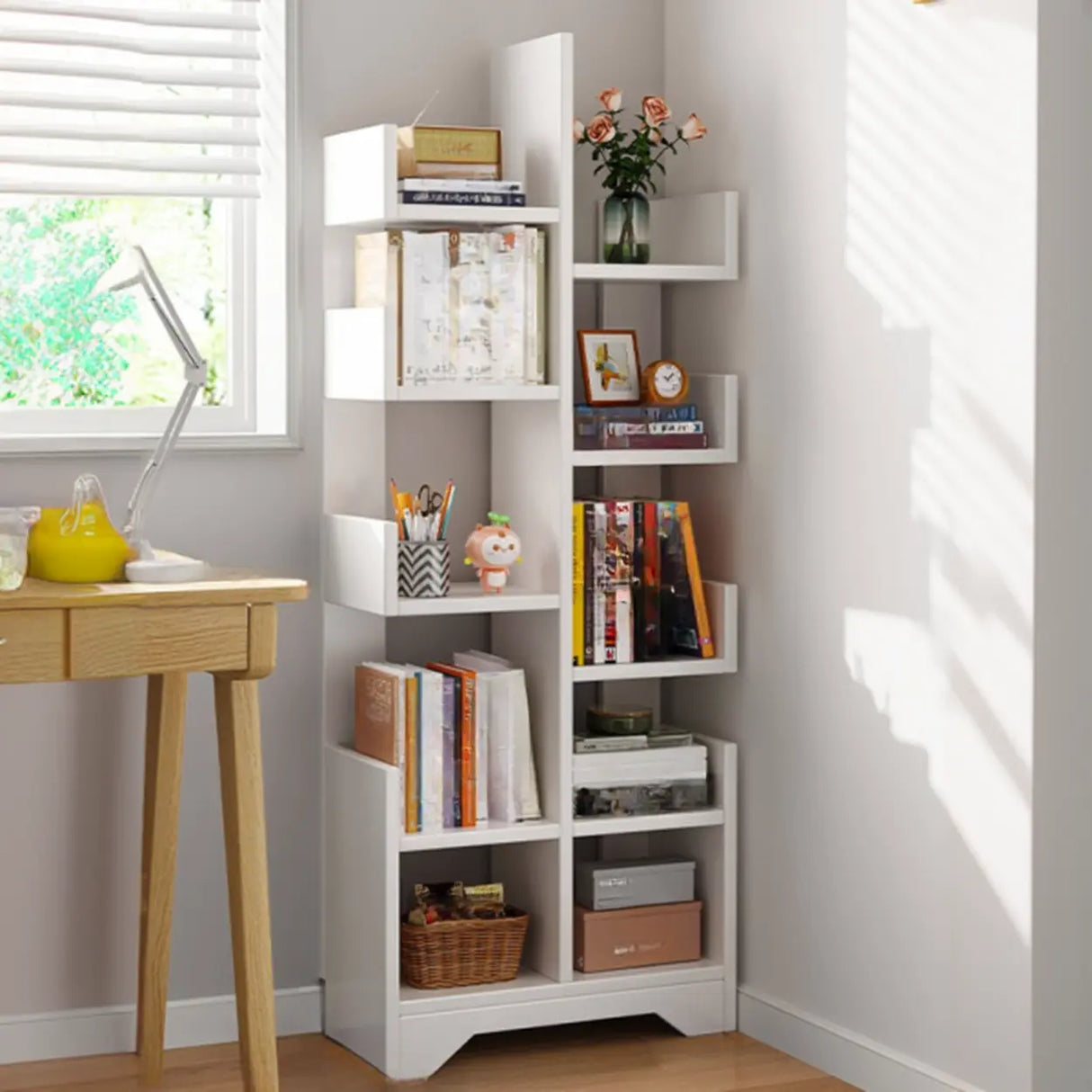 Simple Vertical Wooden Tiered Narrow Bookshelf White Image - 11