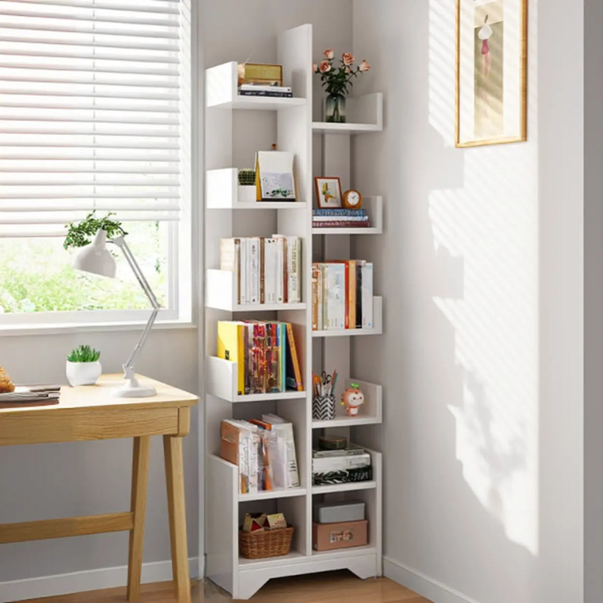 Simple Vertical Wooden Tiered Narrow Bookshelf White Image - 12