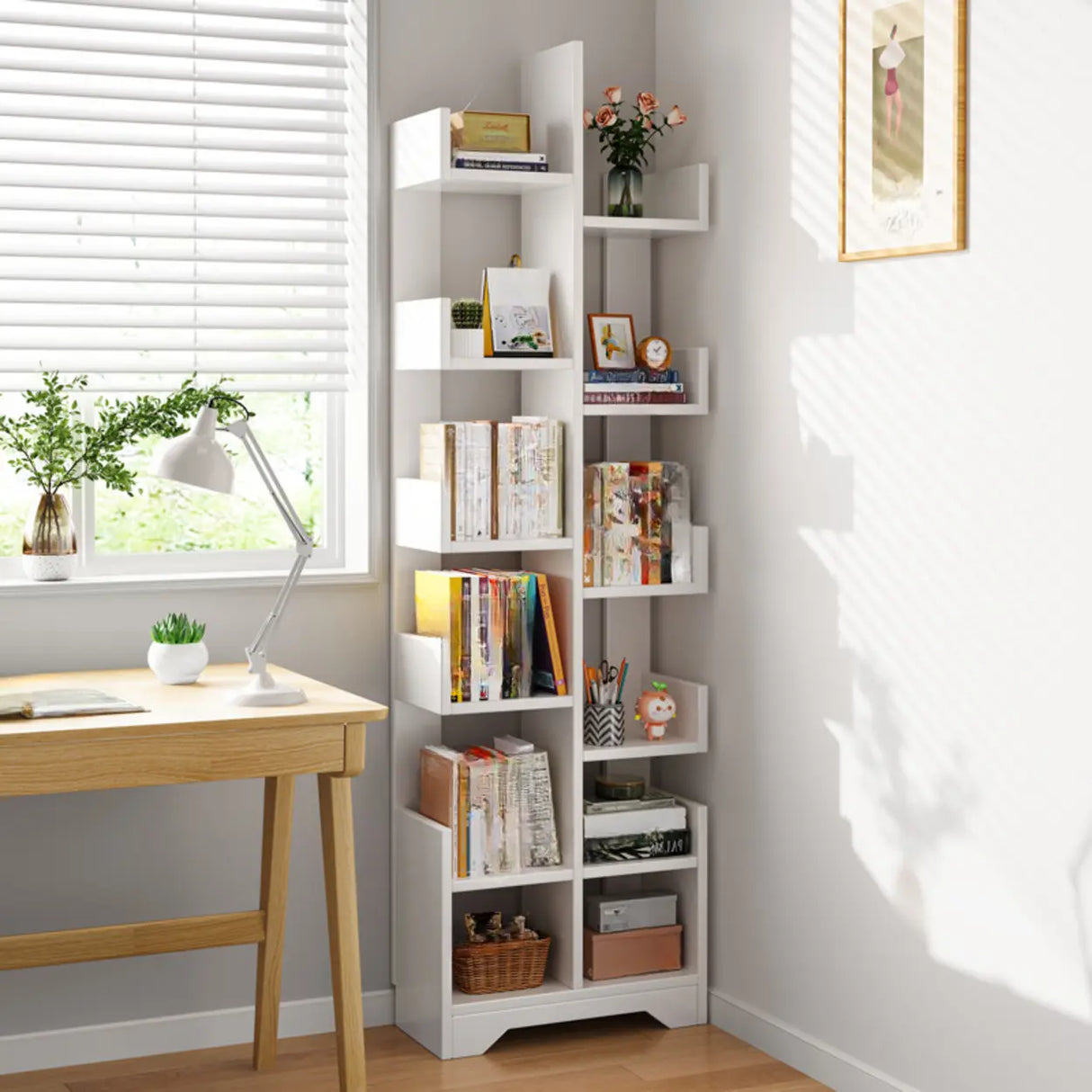 Simple Vertical Wooden Tiered Narrow Bookshelf White Image - 1
