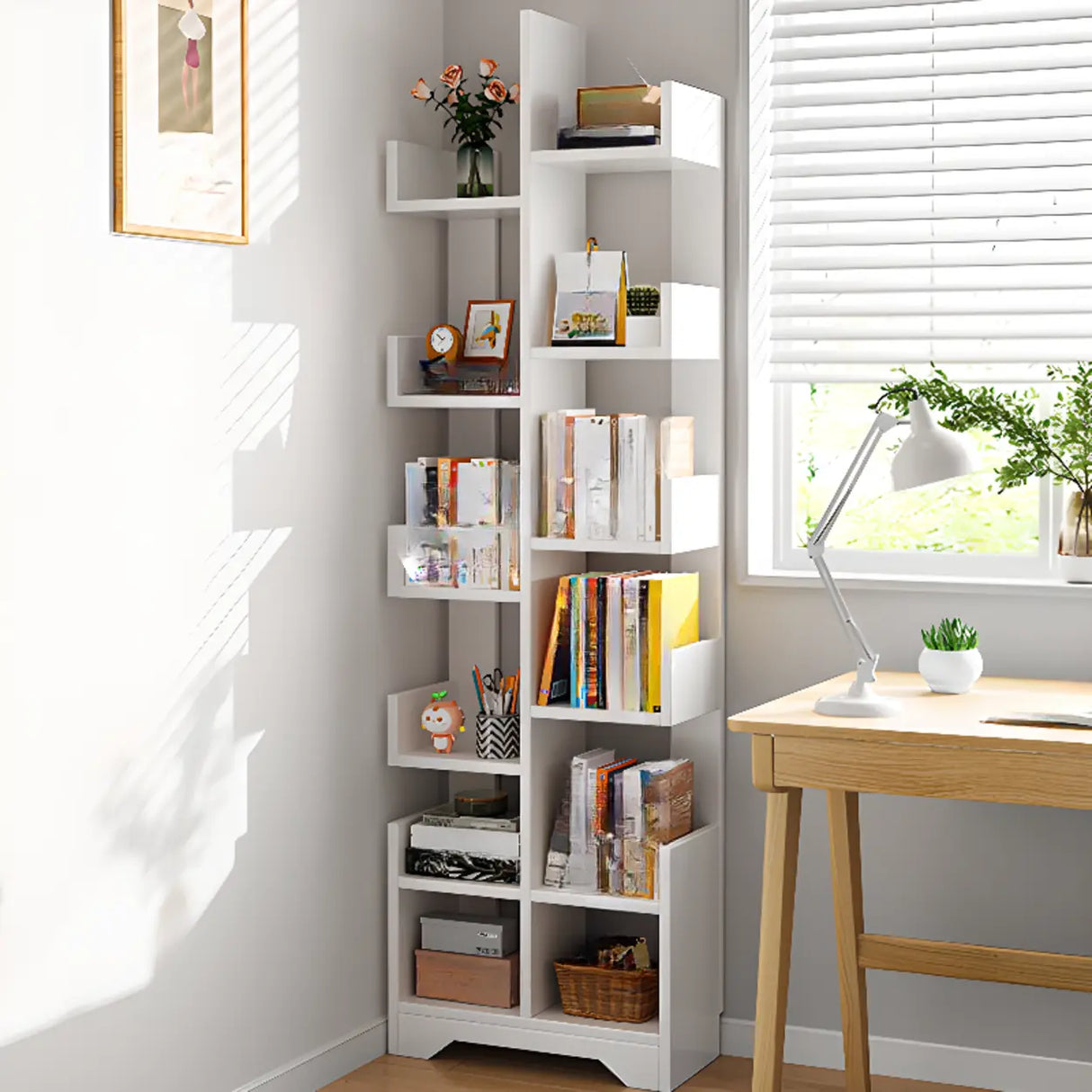Simple Vertical Wooden Tiered Narrow Bookshelf White Image - 2