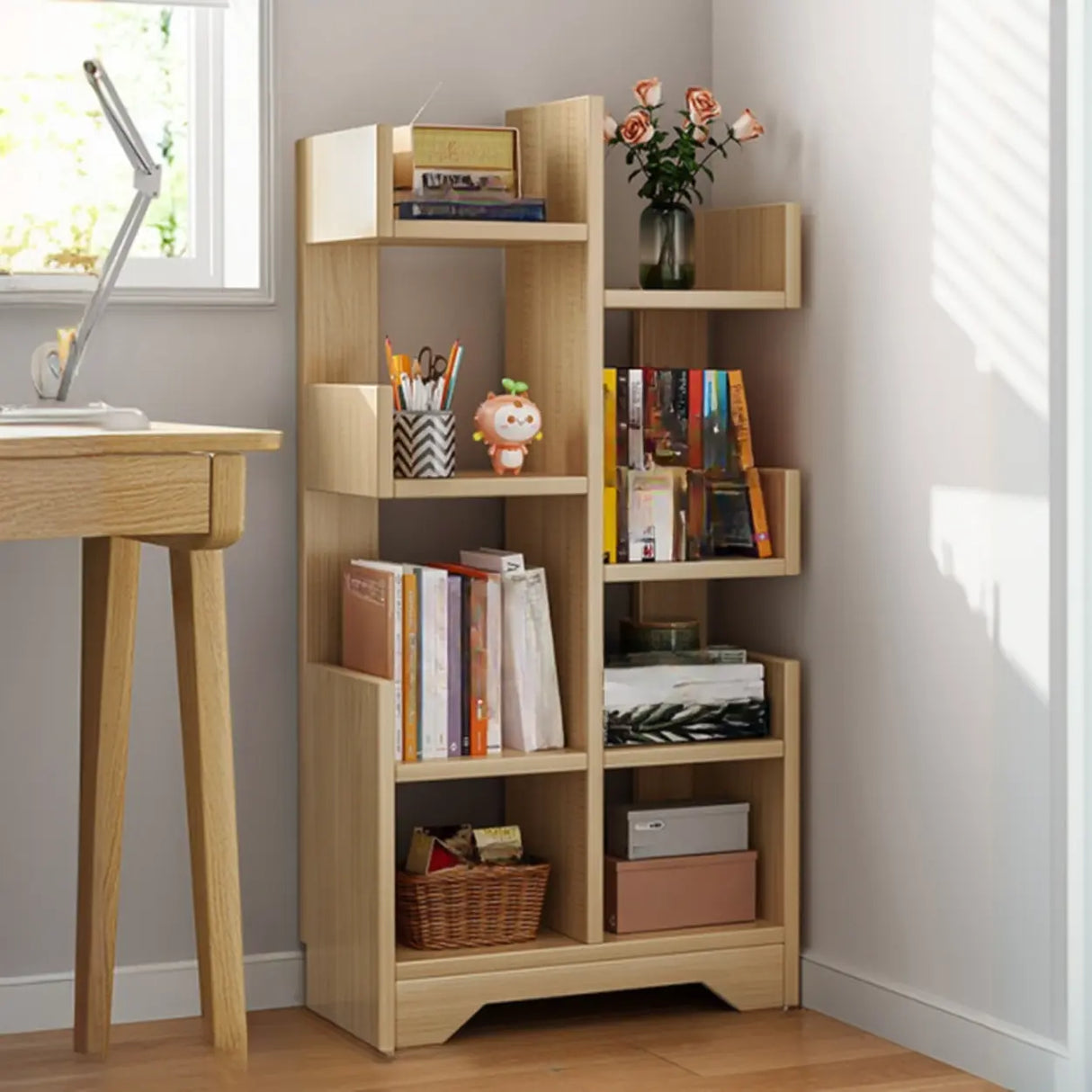 Simple Vertical Wooden Tiered Narrow Bookshelf White Image - 7