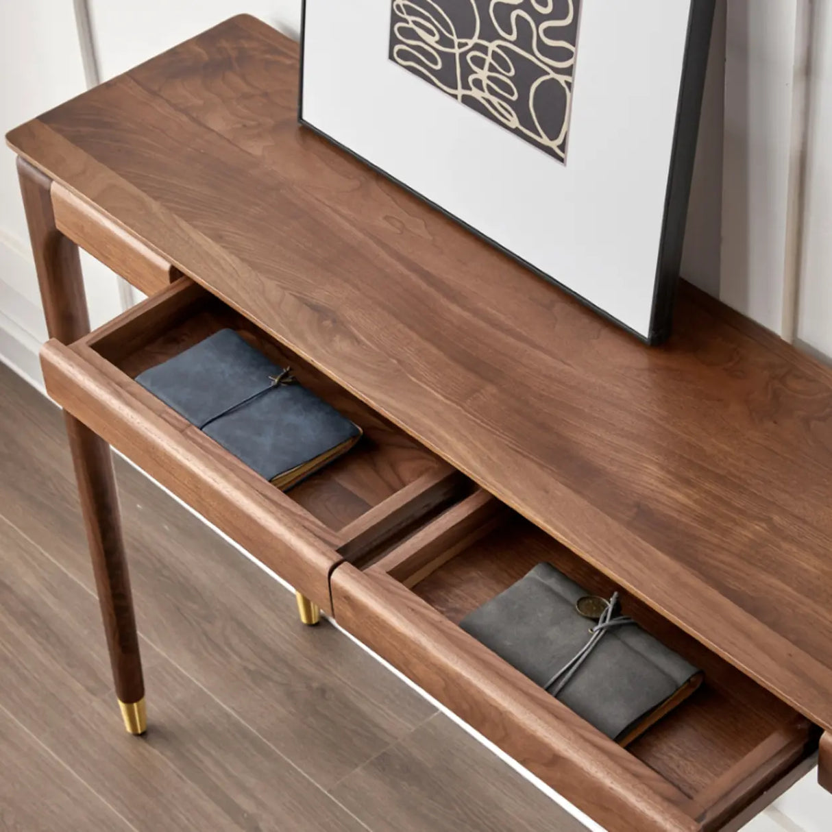 Simple Walnut Brown Rectangular Storage Console Table Image - 4