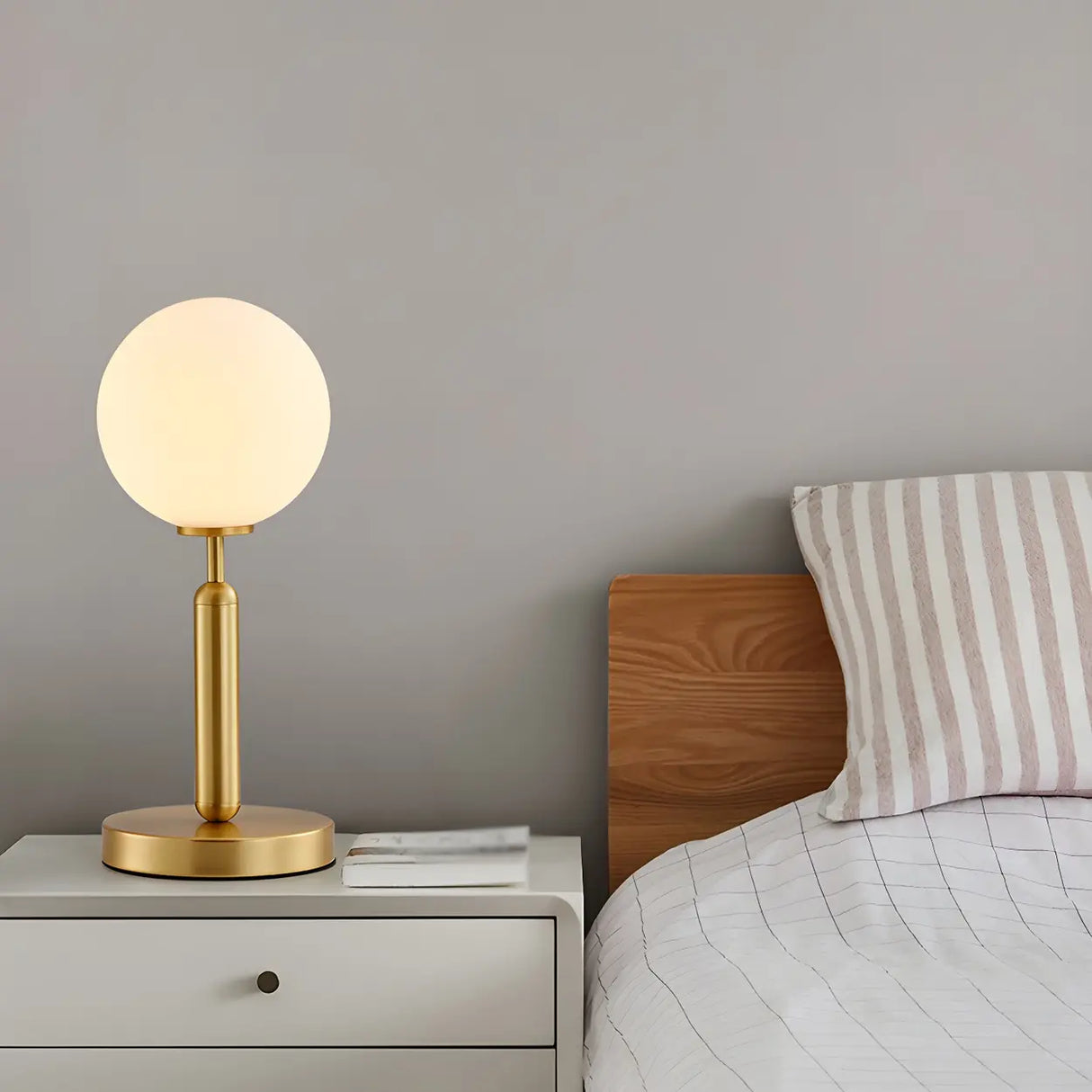 Simple White Glass Globe Shade Metal Base Table Lamp Image - 3