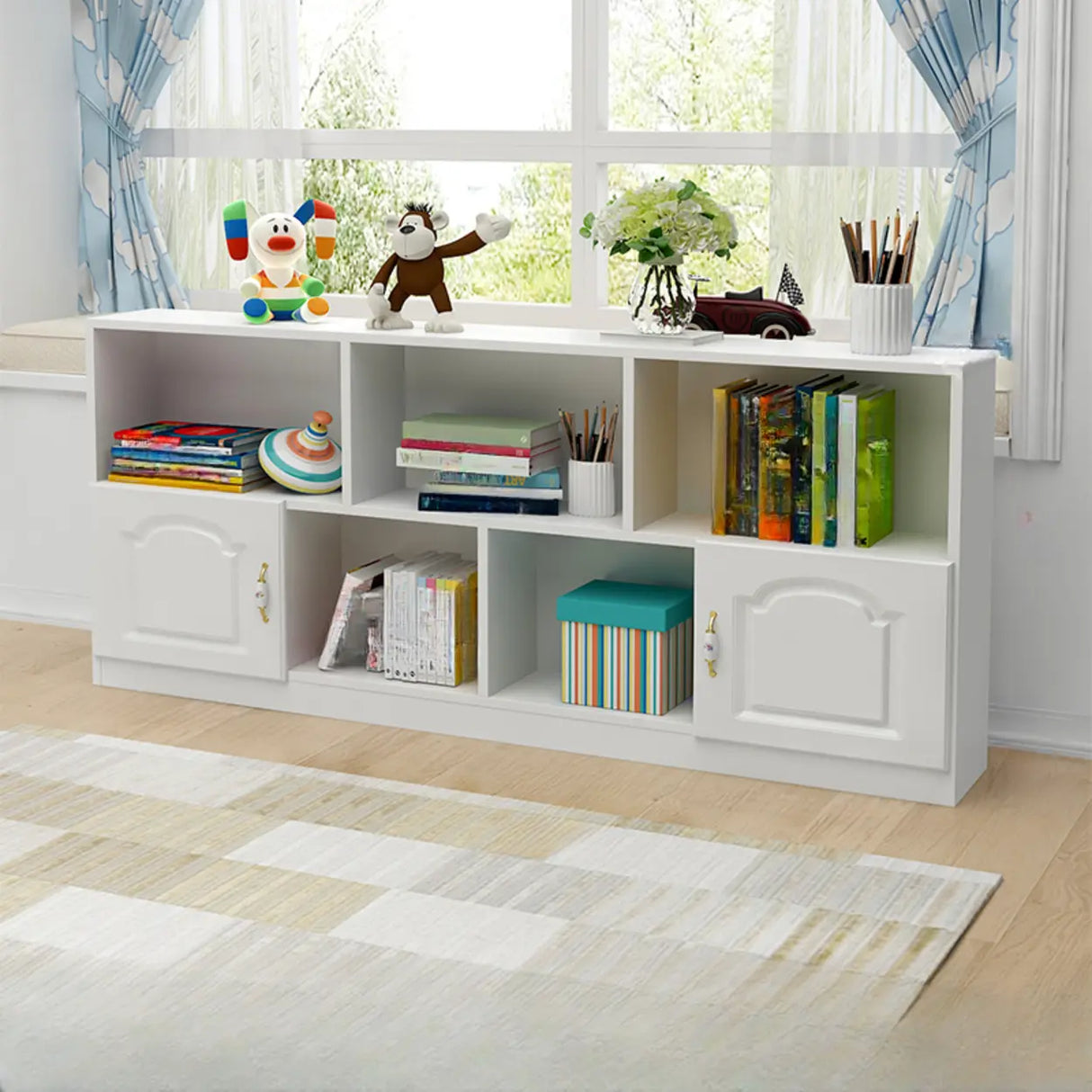 Simple White Modern Rectangular Storage Wide Bookcase Image - 10