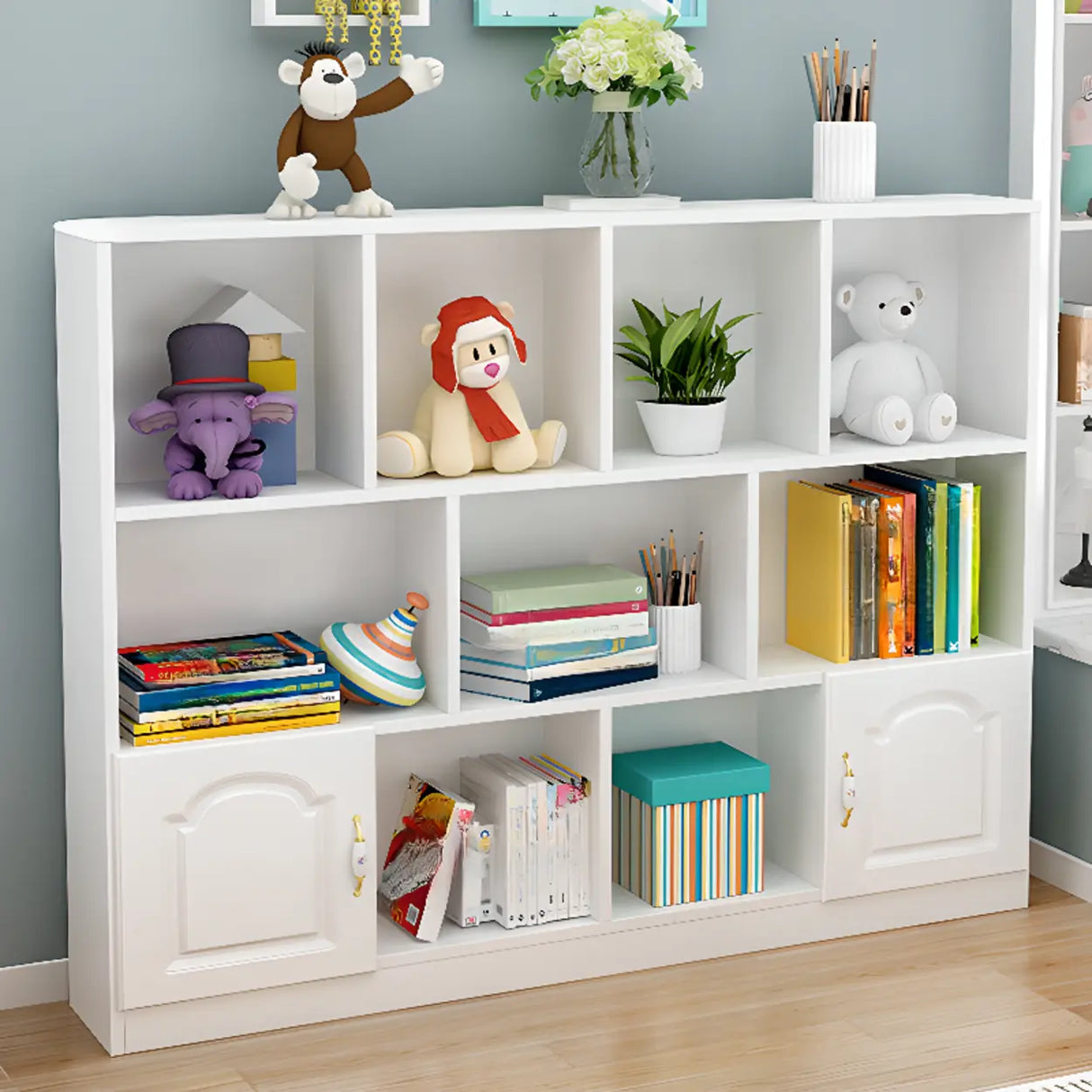 Simple White Modern Rectangular Storage Wide Bookcase Image - 15