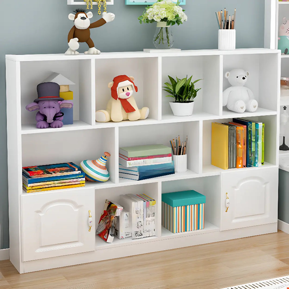 Simple White Modern Rectangular Storage Wide Bookcase Image - 16