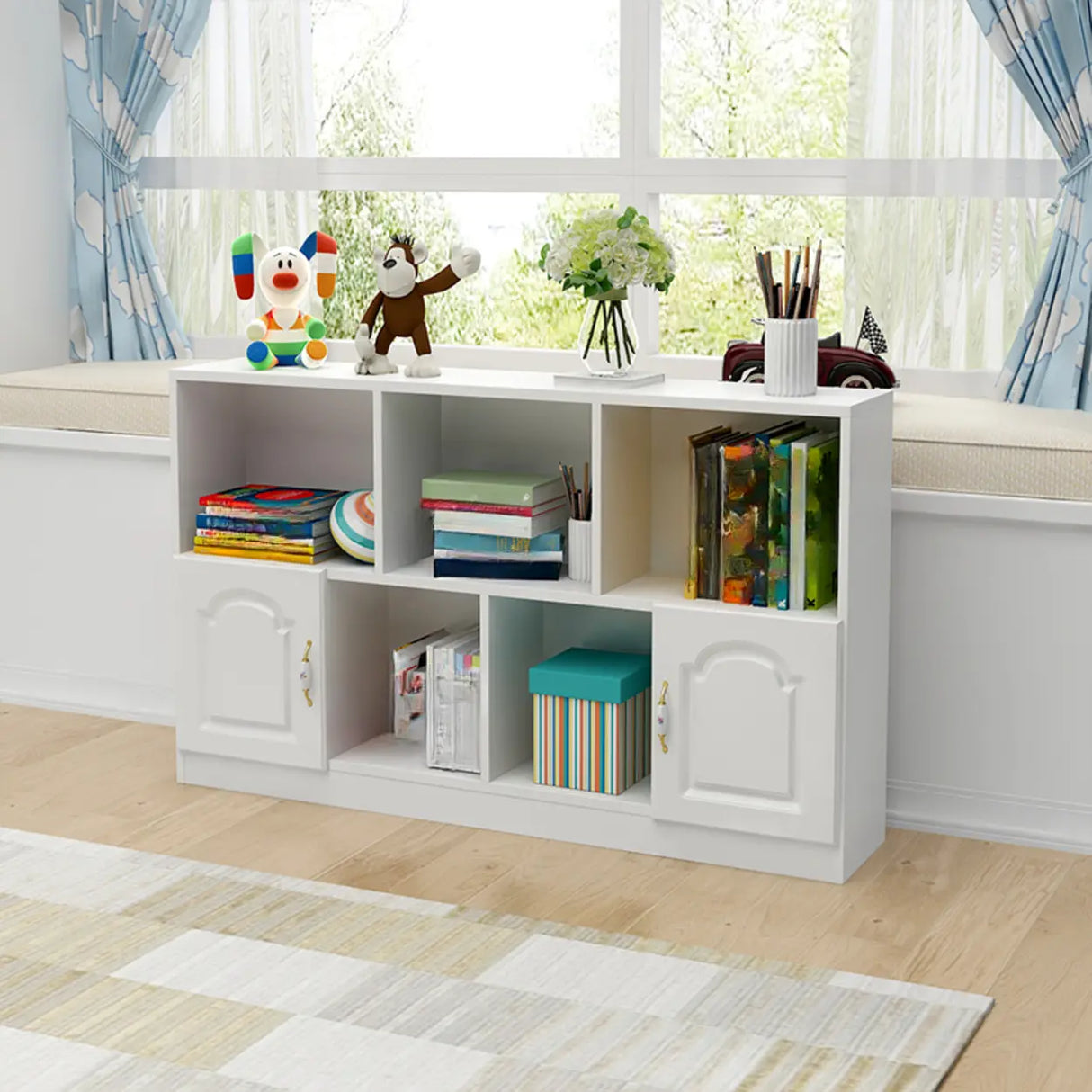 Simple White Modern Rectangular Storage Wide Bookcase Image - 1
