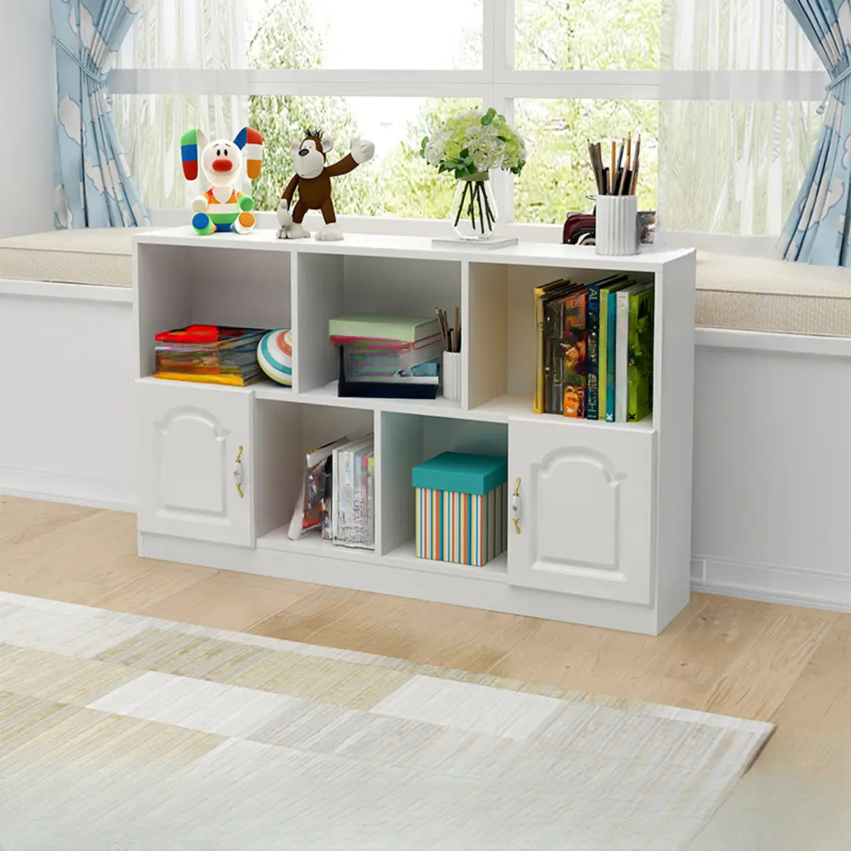Simple White Modern Rectangular Storage Wide Bookcase Image - 2