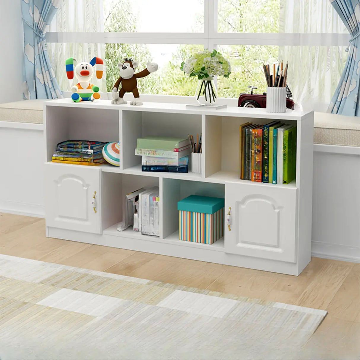 Simple White Modern Rectangular Storage Wide Bookcase Image - 3