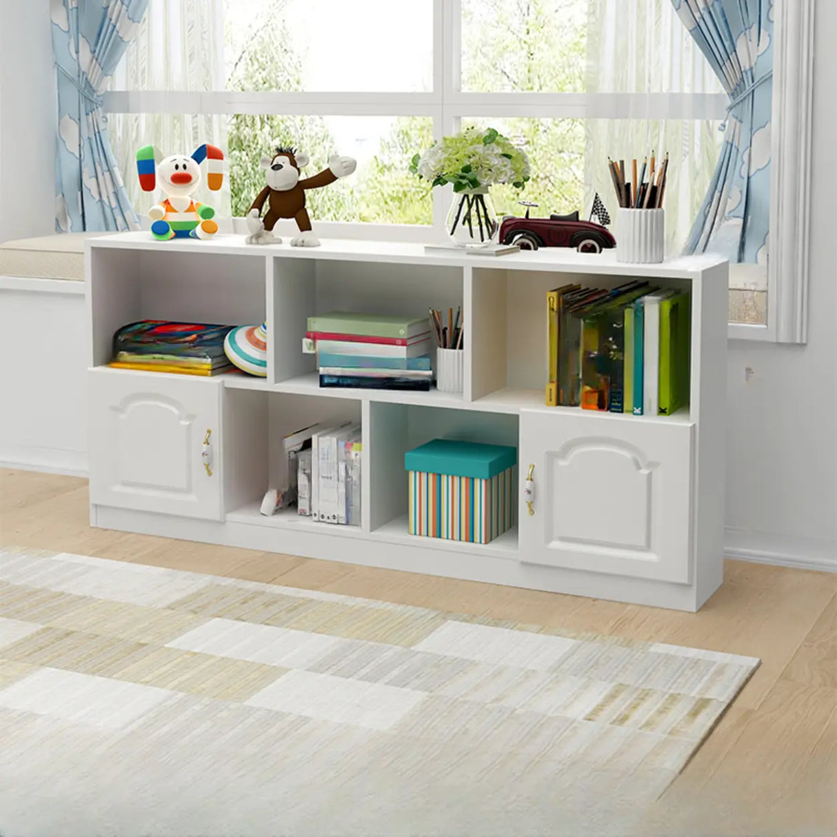 Simple White Modern Rectangular Storage Wide Bookcase Image - 5