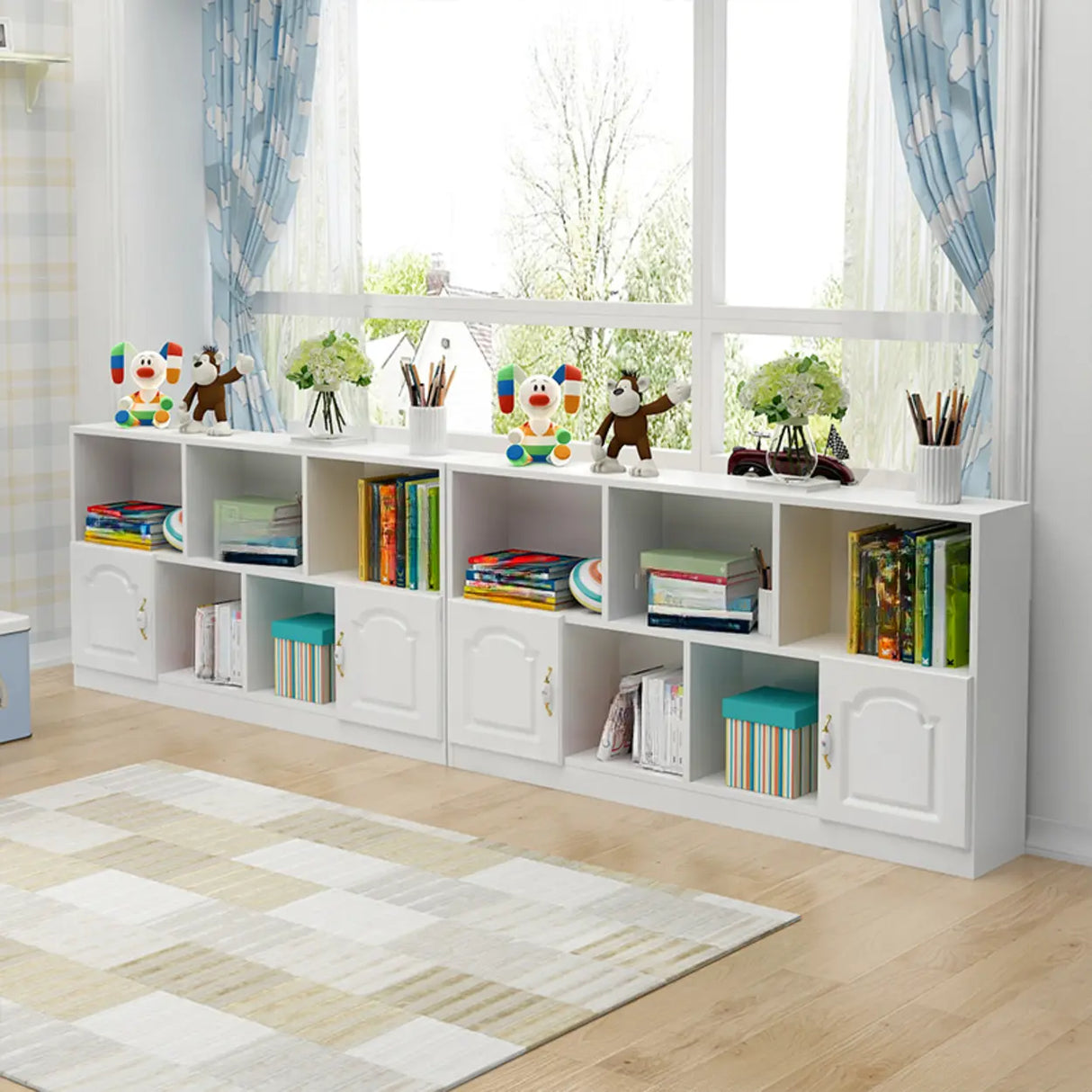 Simple White Modern Rectangular Storage Wide Bookcase Image - 6