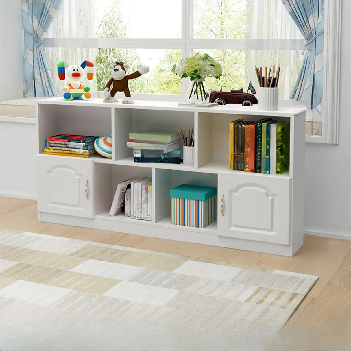 Simple White Modern Rectangular Storage Wide Bookcase Image - 7