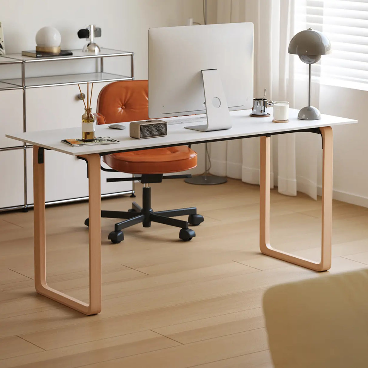 Simple White Wooden Rectangular Sledge Writing Desk Image - 1