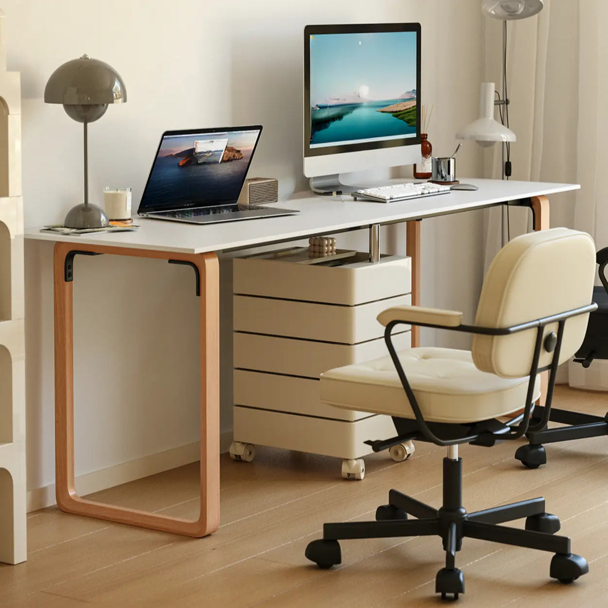 Simple White Wooden Rectangular Sledge Writing Desk Image - 6