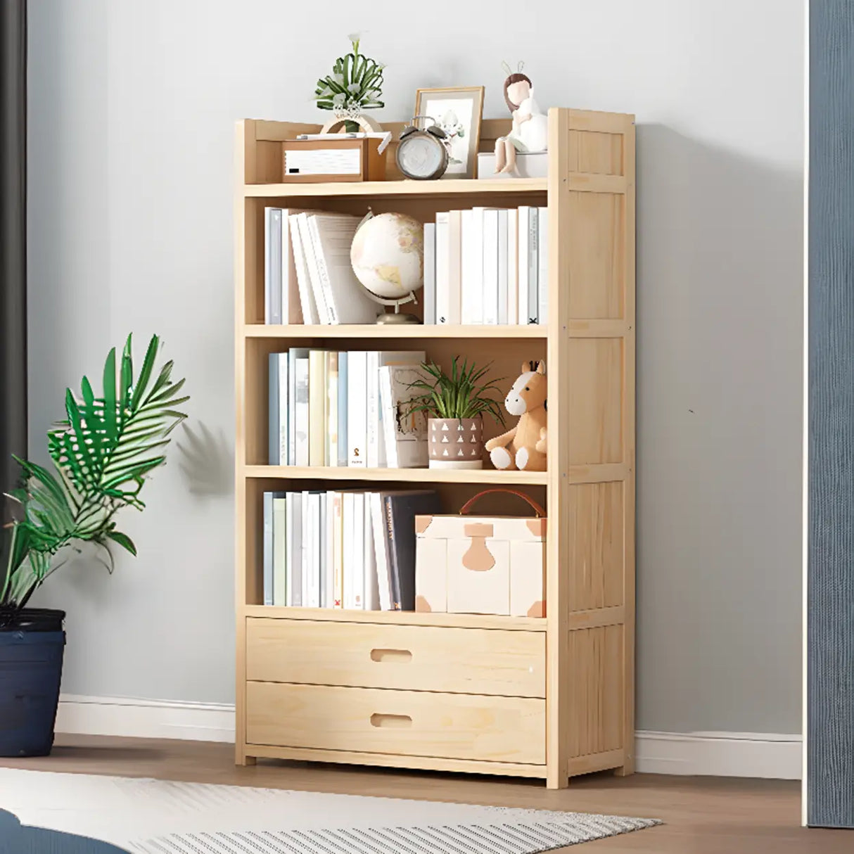 Simple Wood Tone Closed Back Vertical Timber Bookcase Image - 14