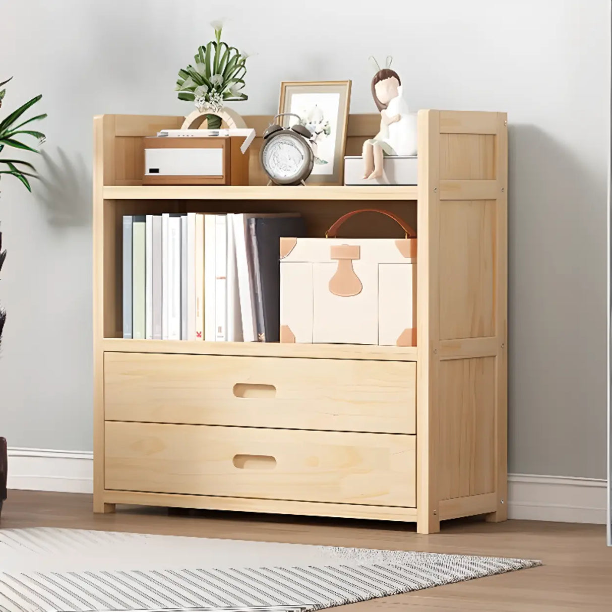 Simple Wood Tone Closed Back Vertical Timber Bookcase Image - 17