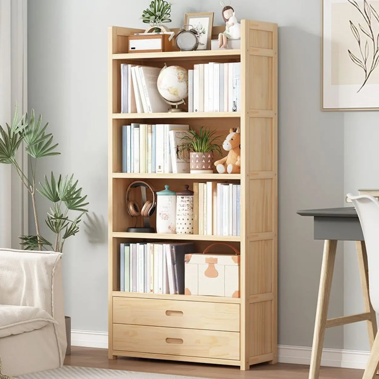 Simple Wood Tone Closed Back Vertical Timber Bookcase Image - 1
