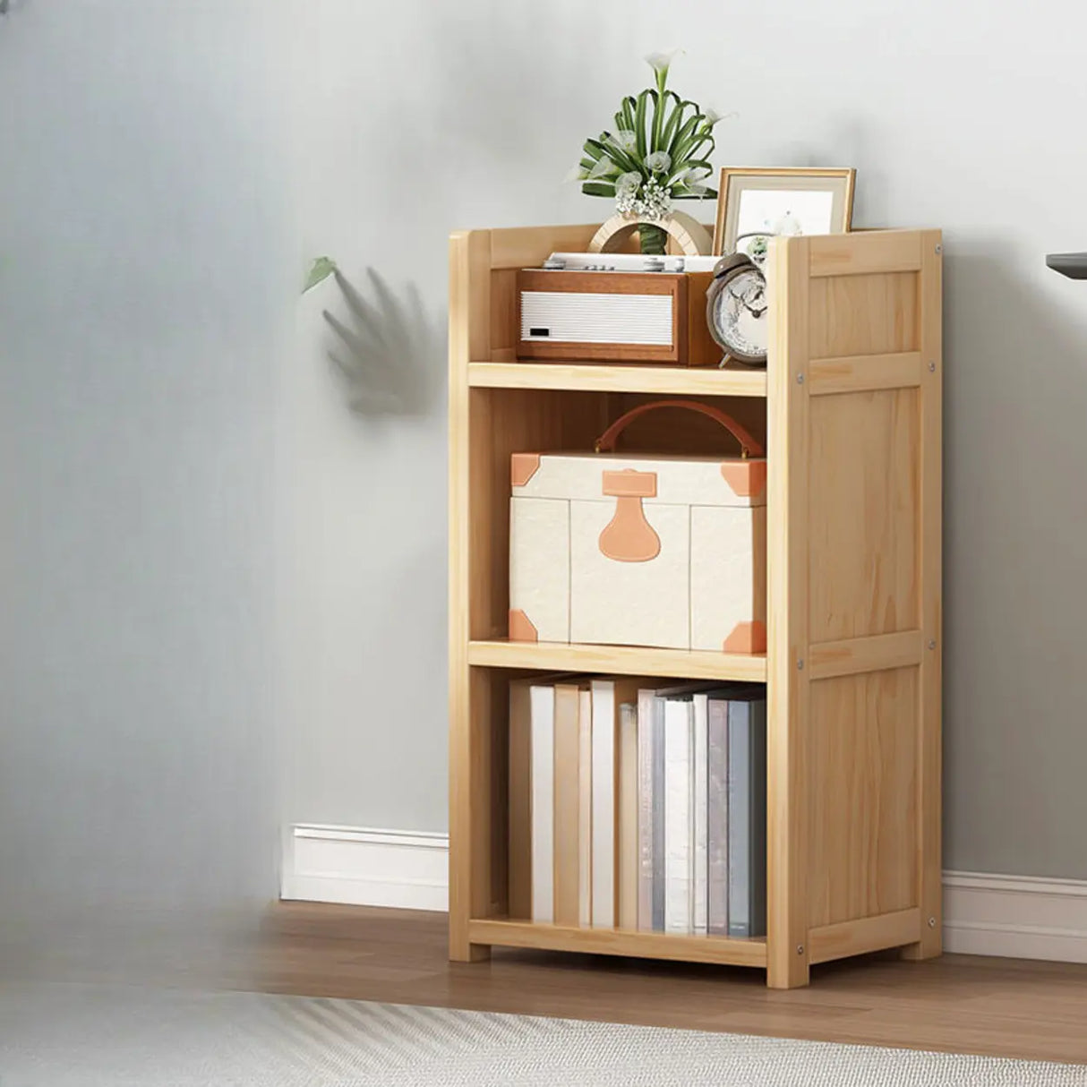 Simple Wood Tone Closed Back Vertical Timber Bookcase Image - 2
