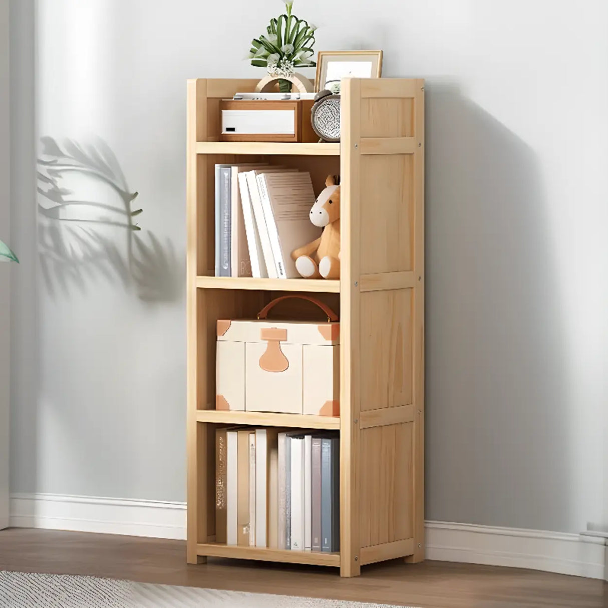Simple Wood Tone Closed Back Vertical Timber Bookcase Image - 3