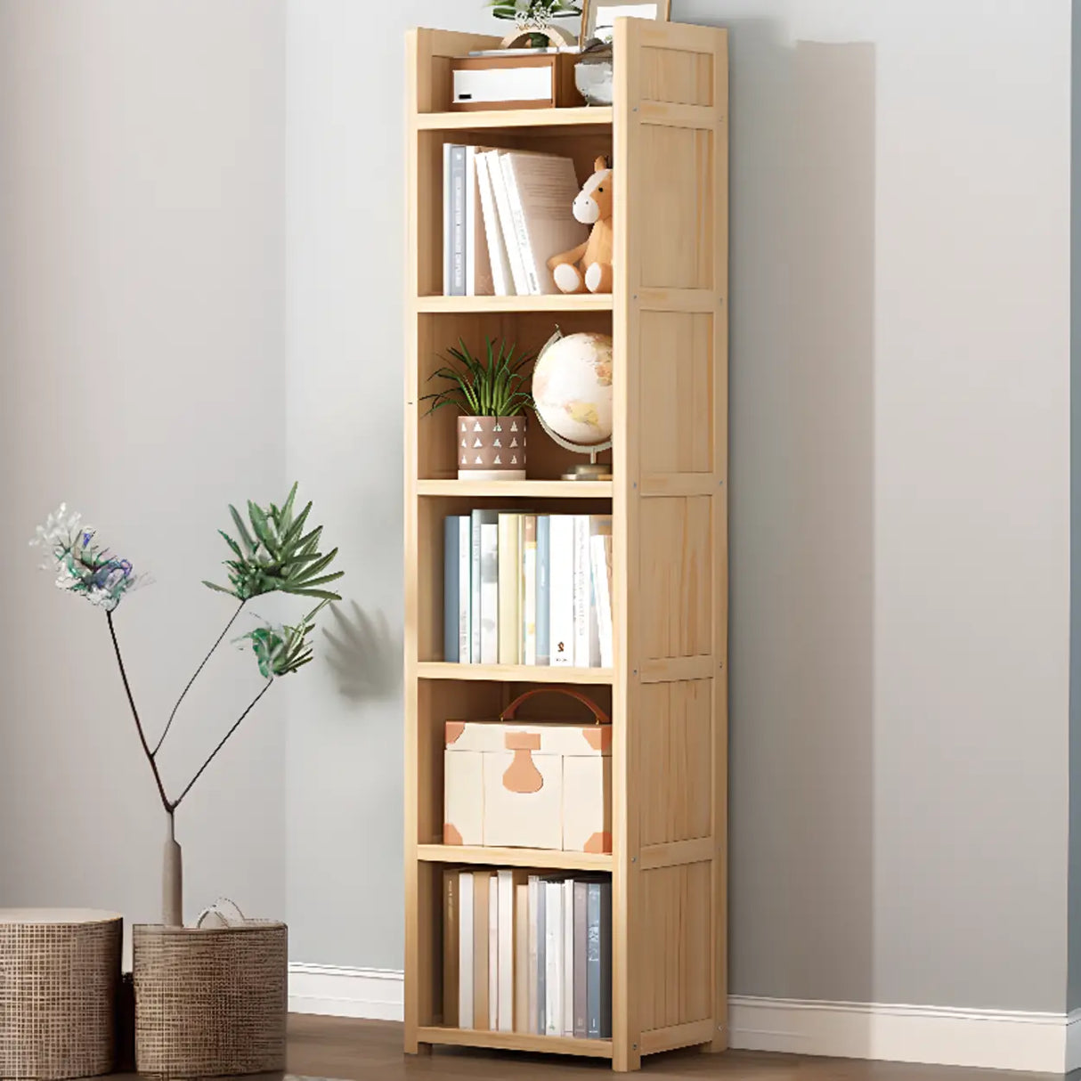 Simple Wood Tone Closed Back Vertical Timber Bookcase Image - 7