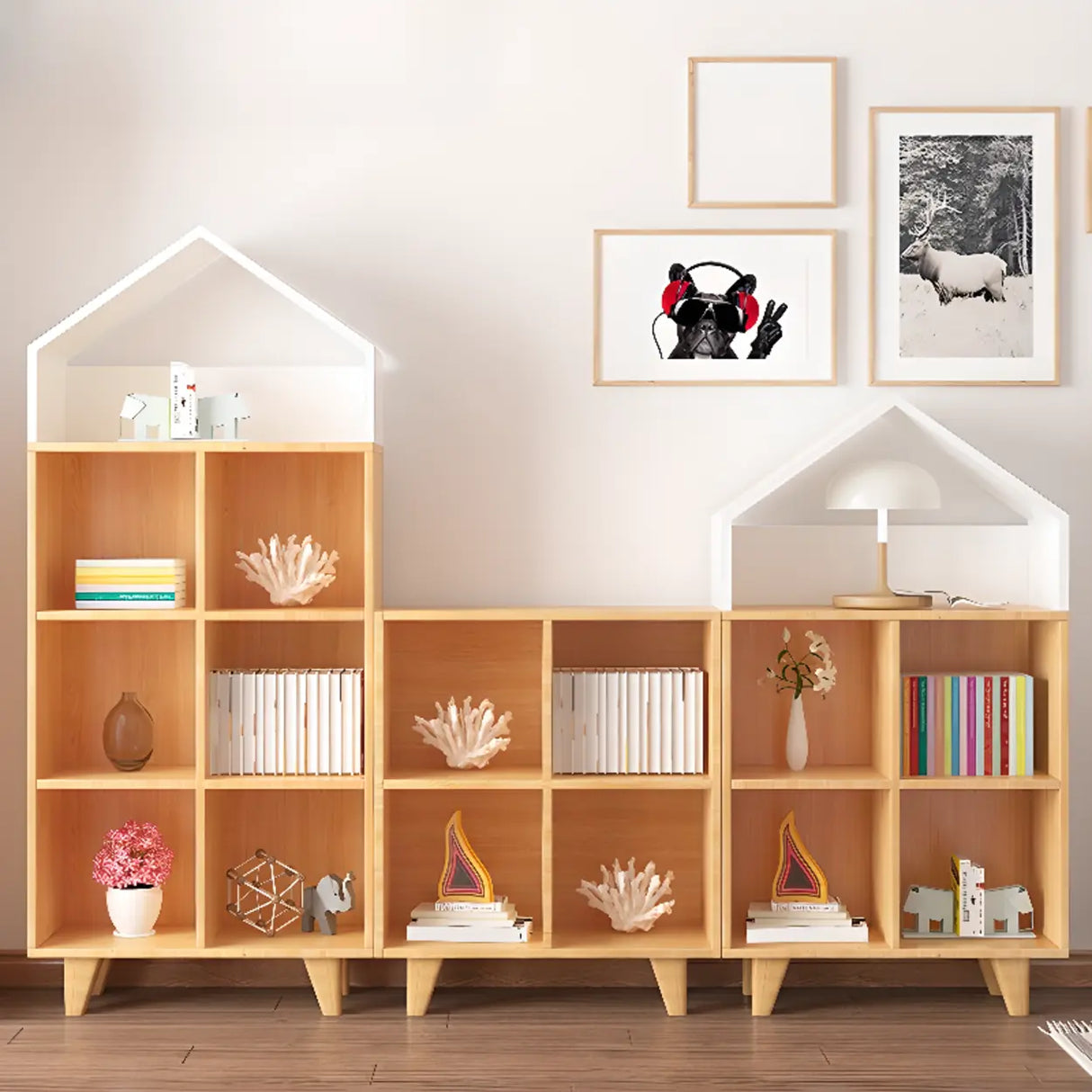 Simple Wooden House-Shaped Closed Back Storage Bookcase Image - 1