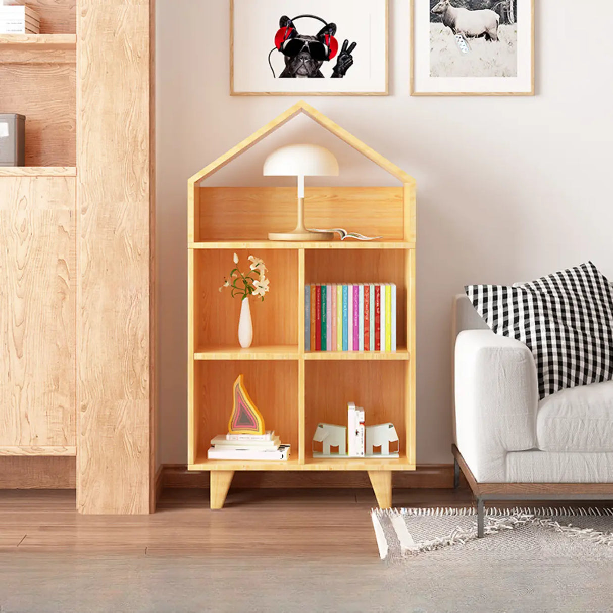Simple Wooden House-Shaped Closed Back Storage Bookcase Image - 10