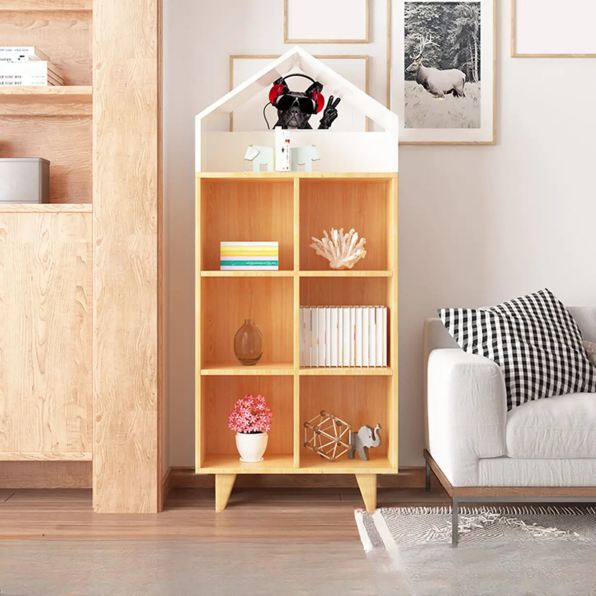 Simple Wooden House-Shaped Closed Back Storage Bookcase Image - 11
