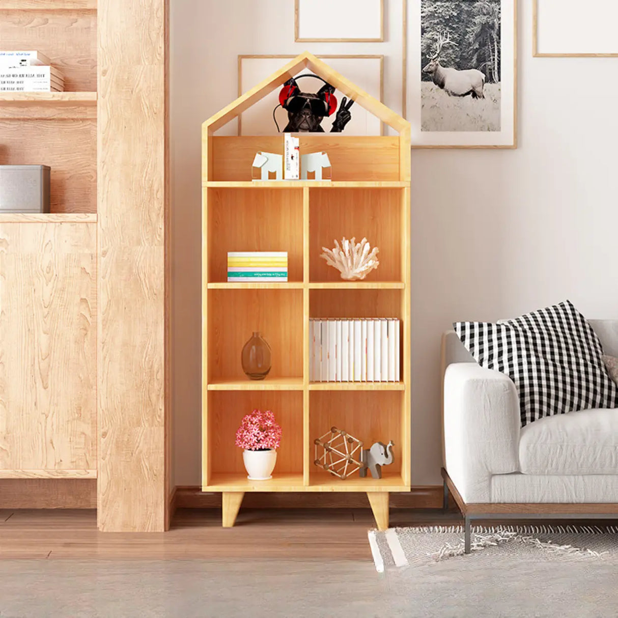 Simple Wooden House-Shaped Closed Back Storage Bookcase Image - 12
