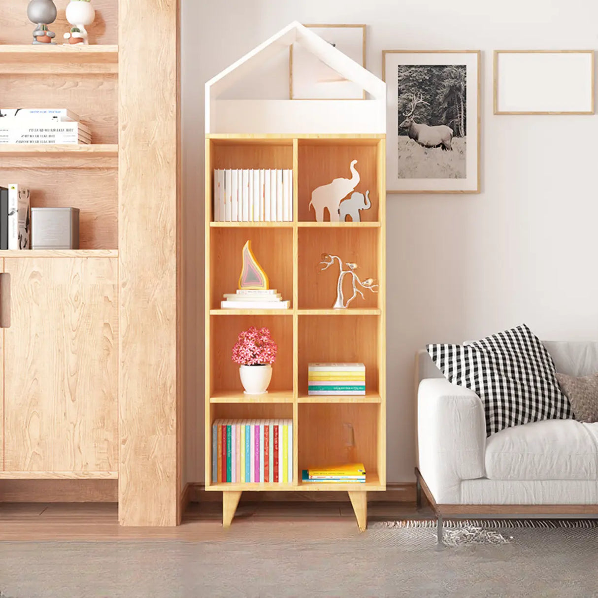 Simple Wooden House-Shaped Closed Back Storage Bookcase Image - 13