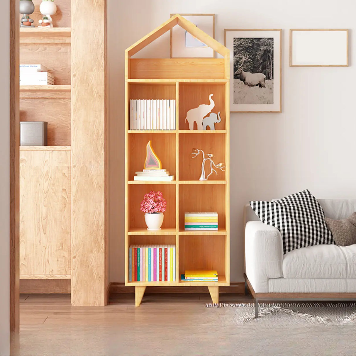 Simple Wooden House-Shaped Closed Back Storage Bookcase Image - 15