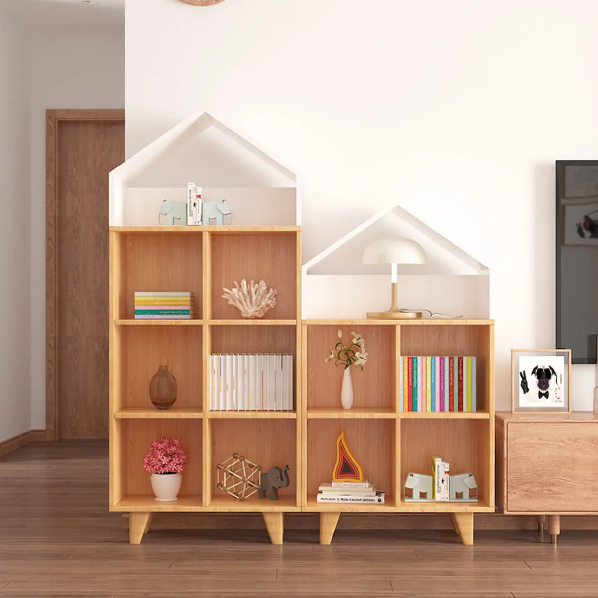 Simple Wooden House-Shaped Closed Back Storage Bookcase Image - 2