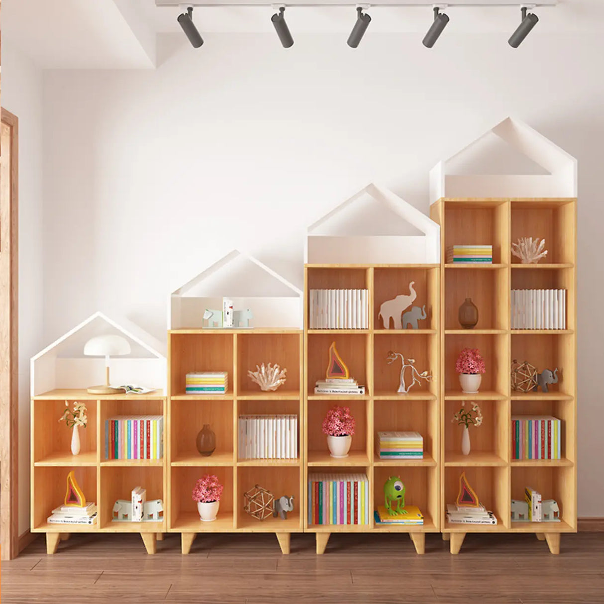 Simple Wooden House-Shaped Closed Back Storage Bookcase Image - 3