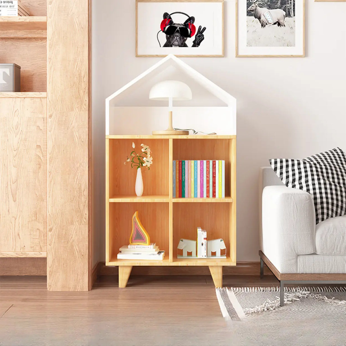 Simple Wooden House-Shaped Closed Back Storage Bookcase Image - 4