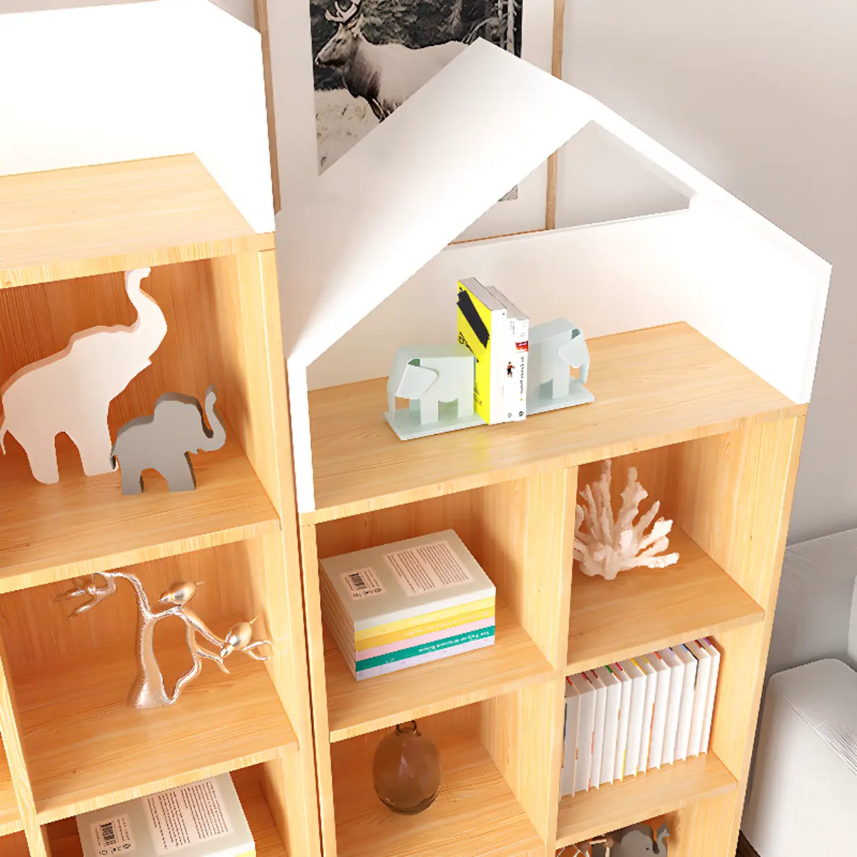 Simple Wooden House-Shaped Closed Back Storage Bookcase Image - 6