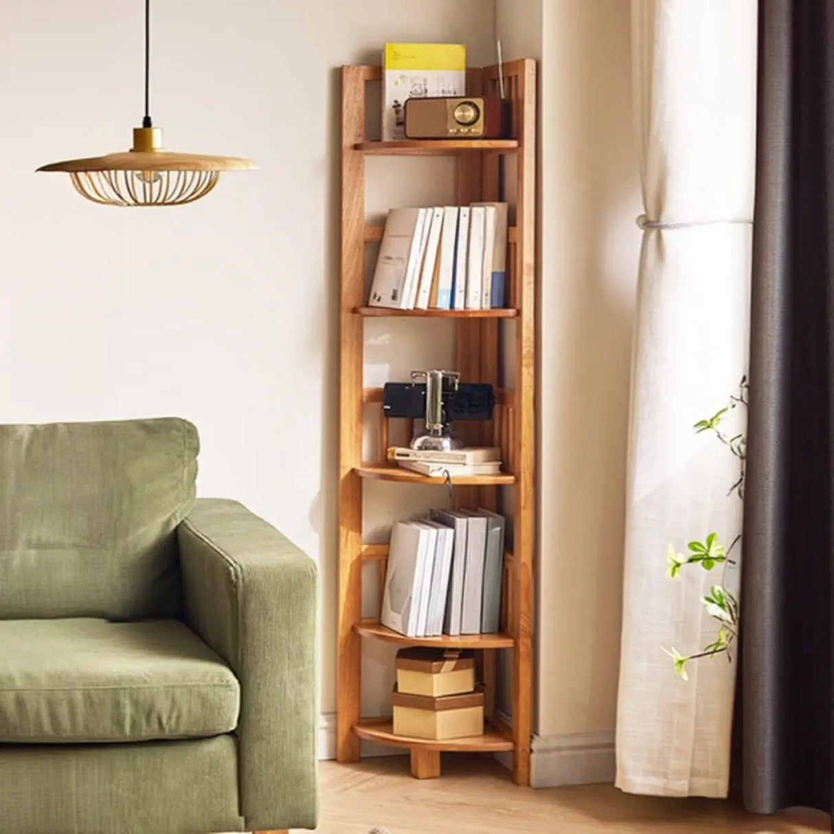Simple Wooden Triangle Shelf Tower Open Corner Bookcase Image - 1