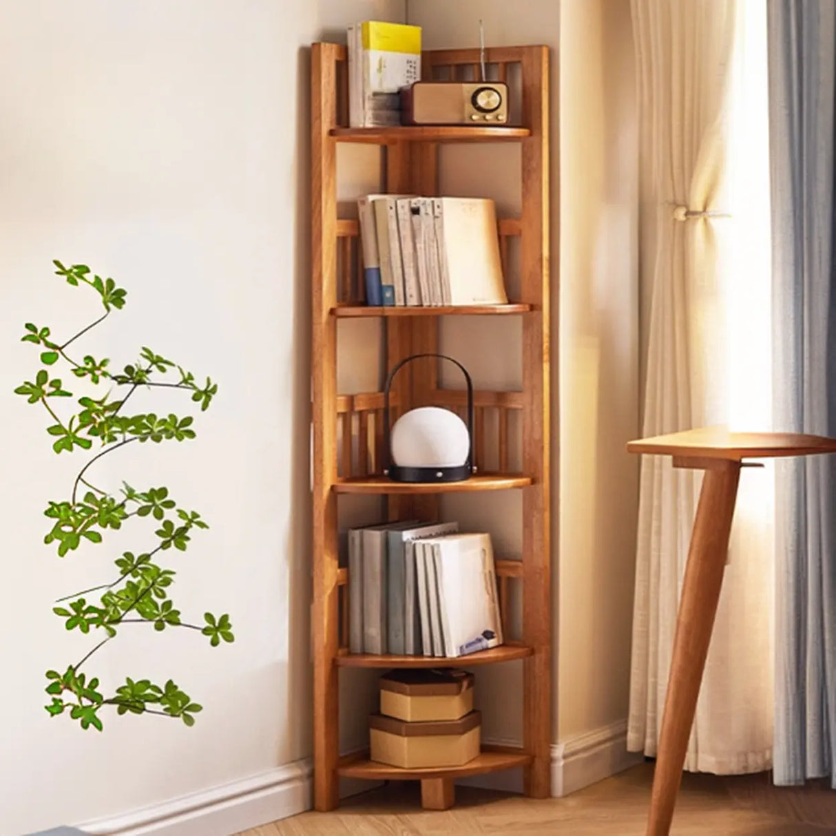 Simple Wooden Triangle Shelf Tower Open Corner Bookcase Image - 4