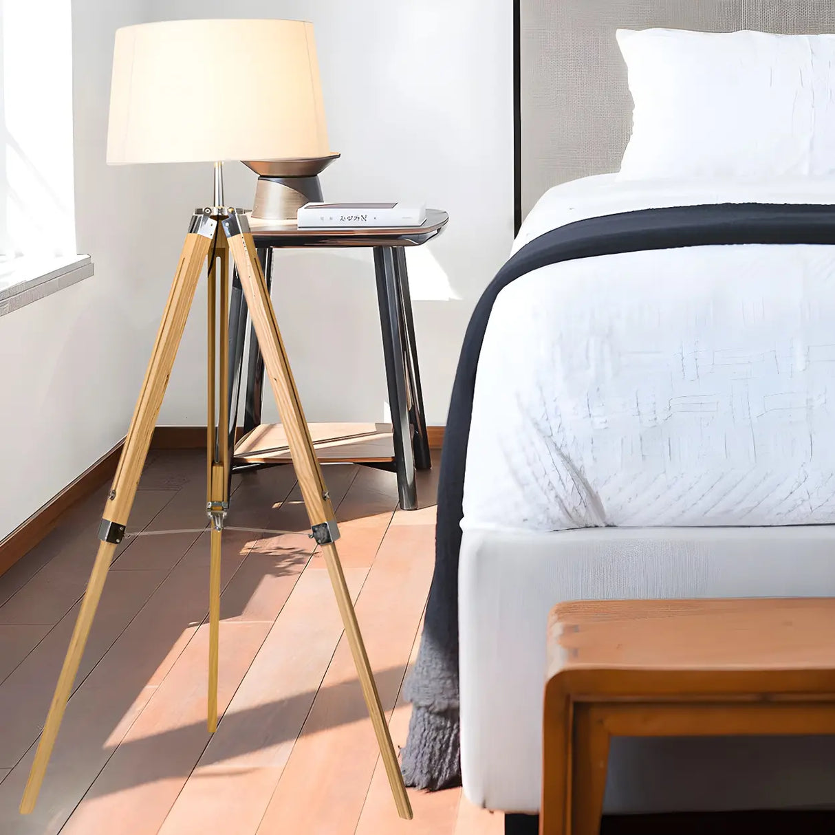 Simplicity Tripod and Cylinder Fabric Wood Floor Lamp Image - 4