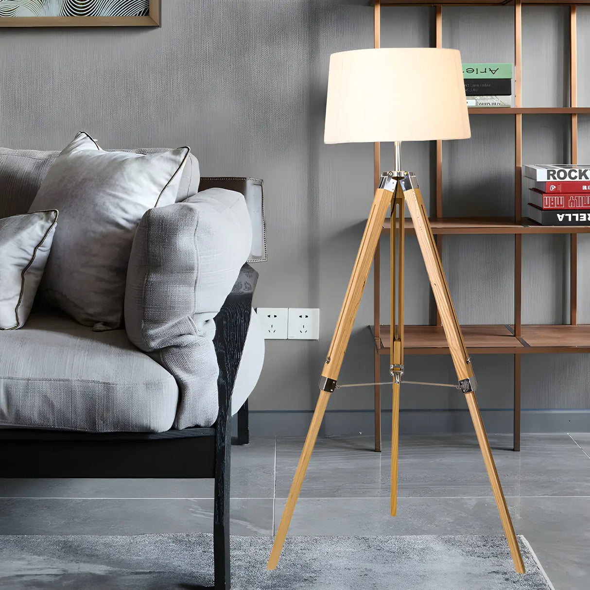 Simplicity Tripod and Cylinder Fabric Wood Floor Lamp Image - 5
