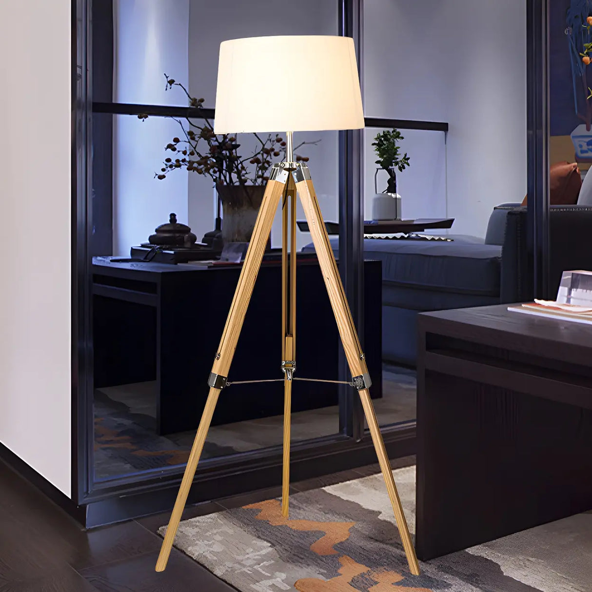 Simplicity Tripod and Cylinder Fabric Wood Floor Lamp Image - 6